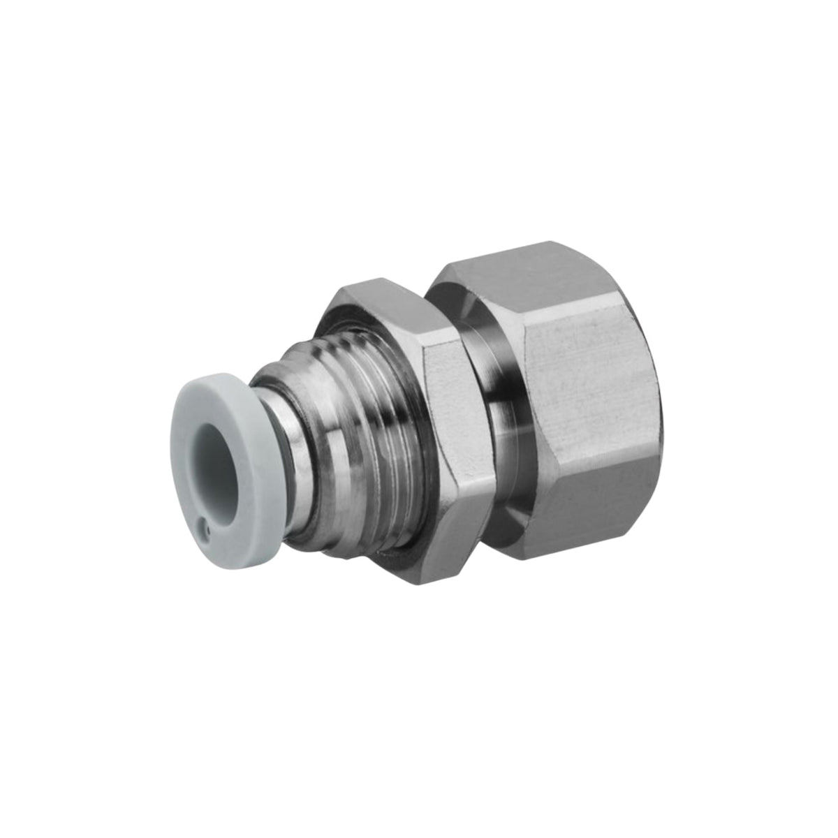 Staright metal hex shaped bulkhead connector. female push in fitting with internal thread.