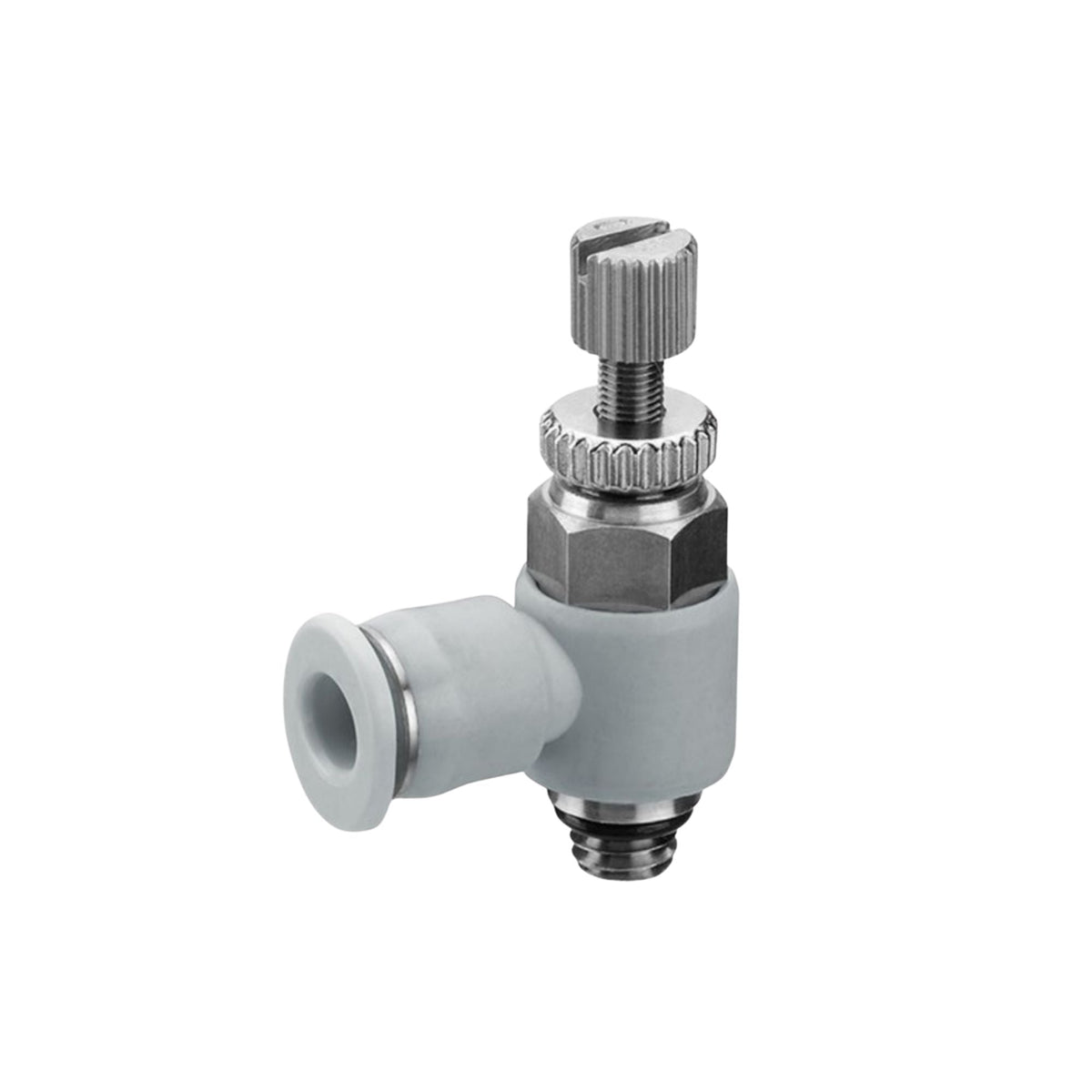 90 degree check valve fitting with adjustable knob on top, male thread on the bottom and female push in on the side