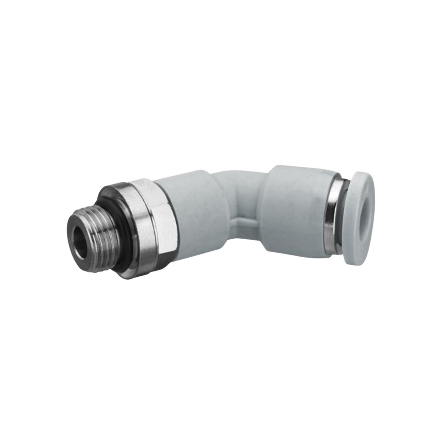 90 degree fitting with female push in and and extended side has male threaded fitting