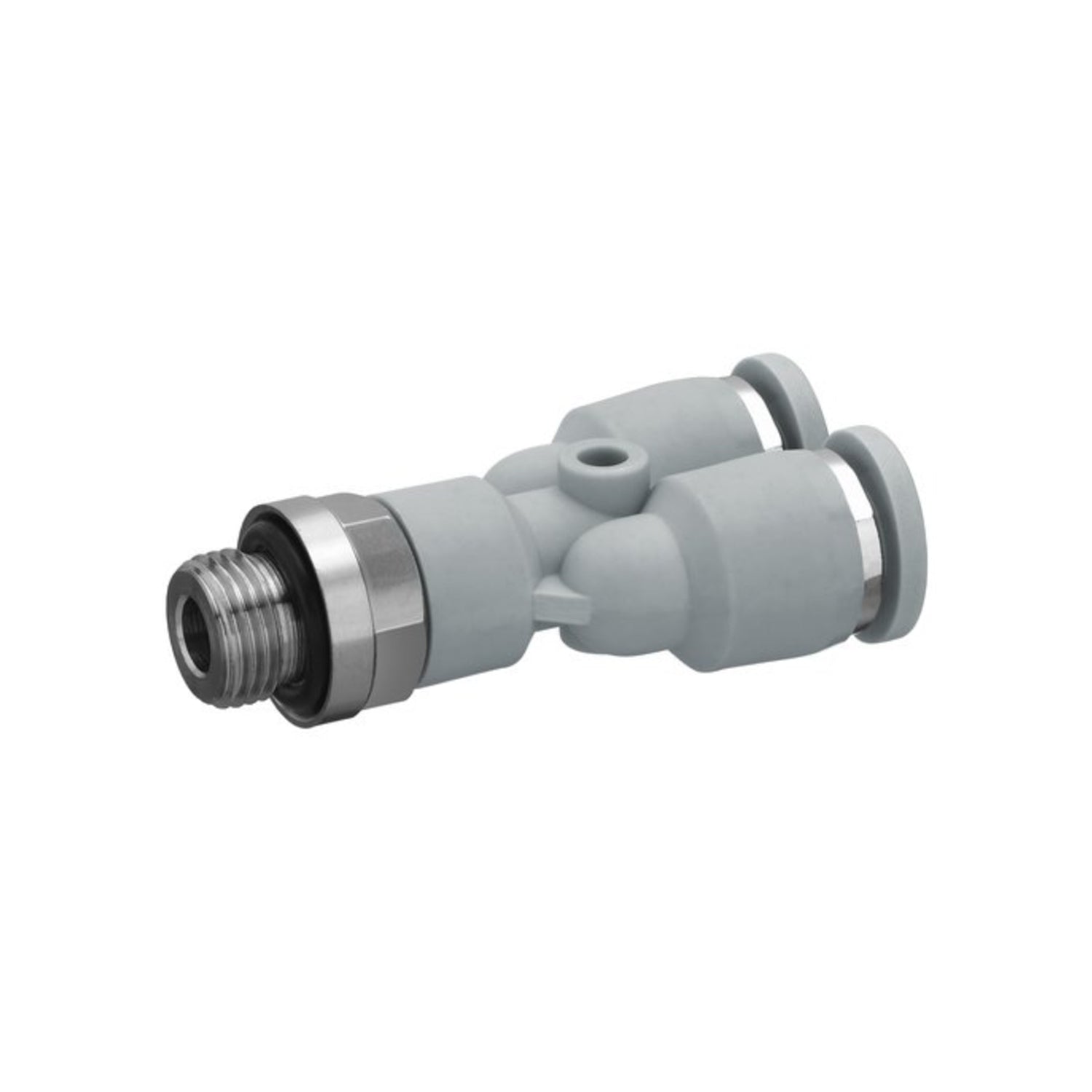 Plastic Y style reducing fitting with male thread on the bottom and two female push in on top