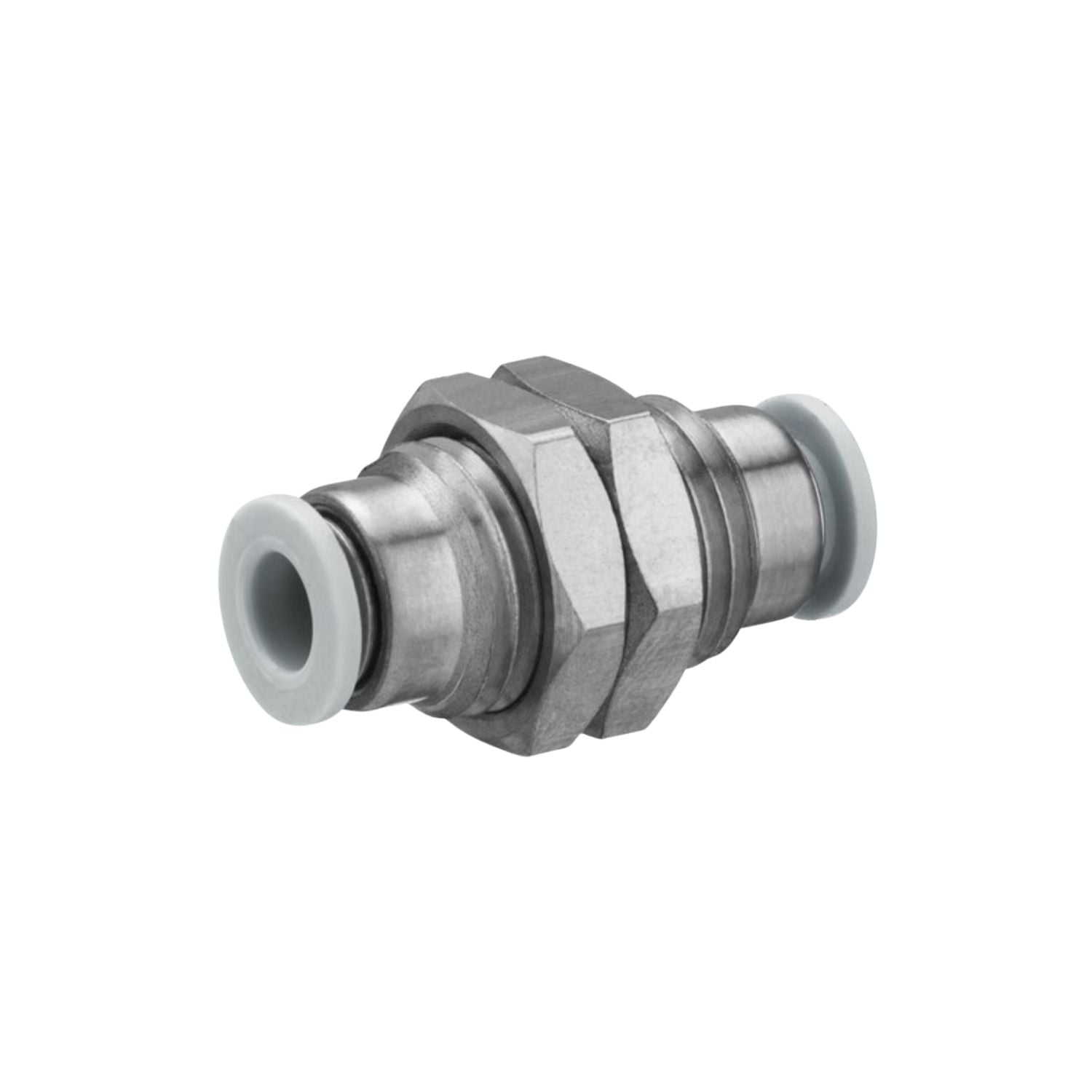 Straight metal bulkhead style fitting with female push in on both sides