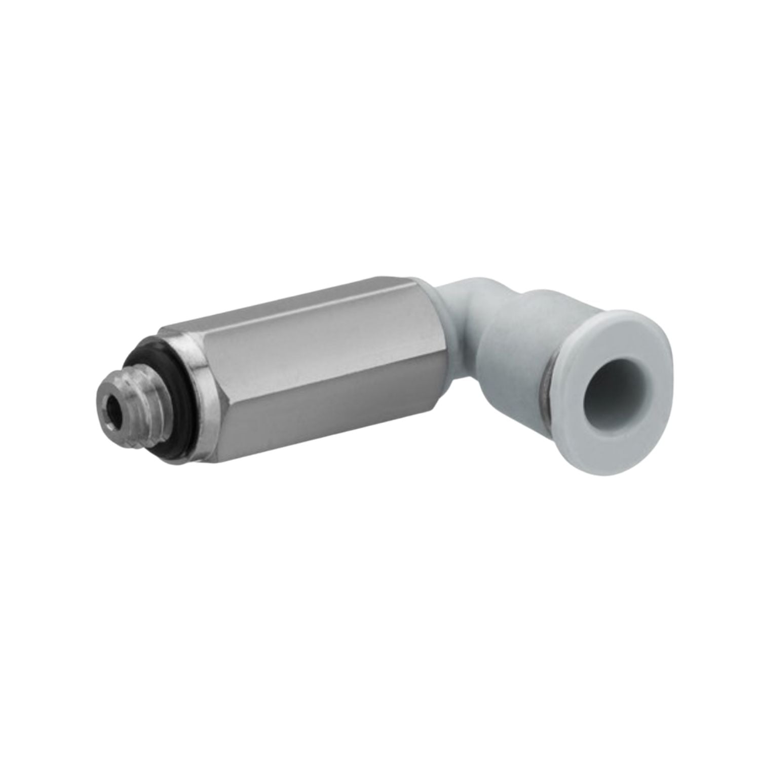 Plastic 90 degree fitting with female push in one side and male thread on the extended side
