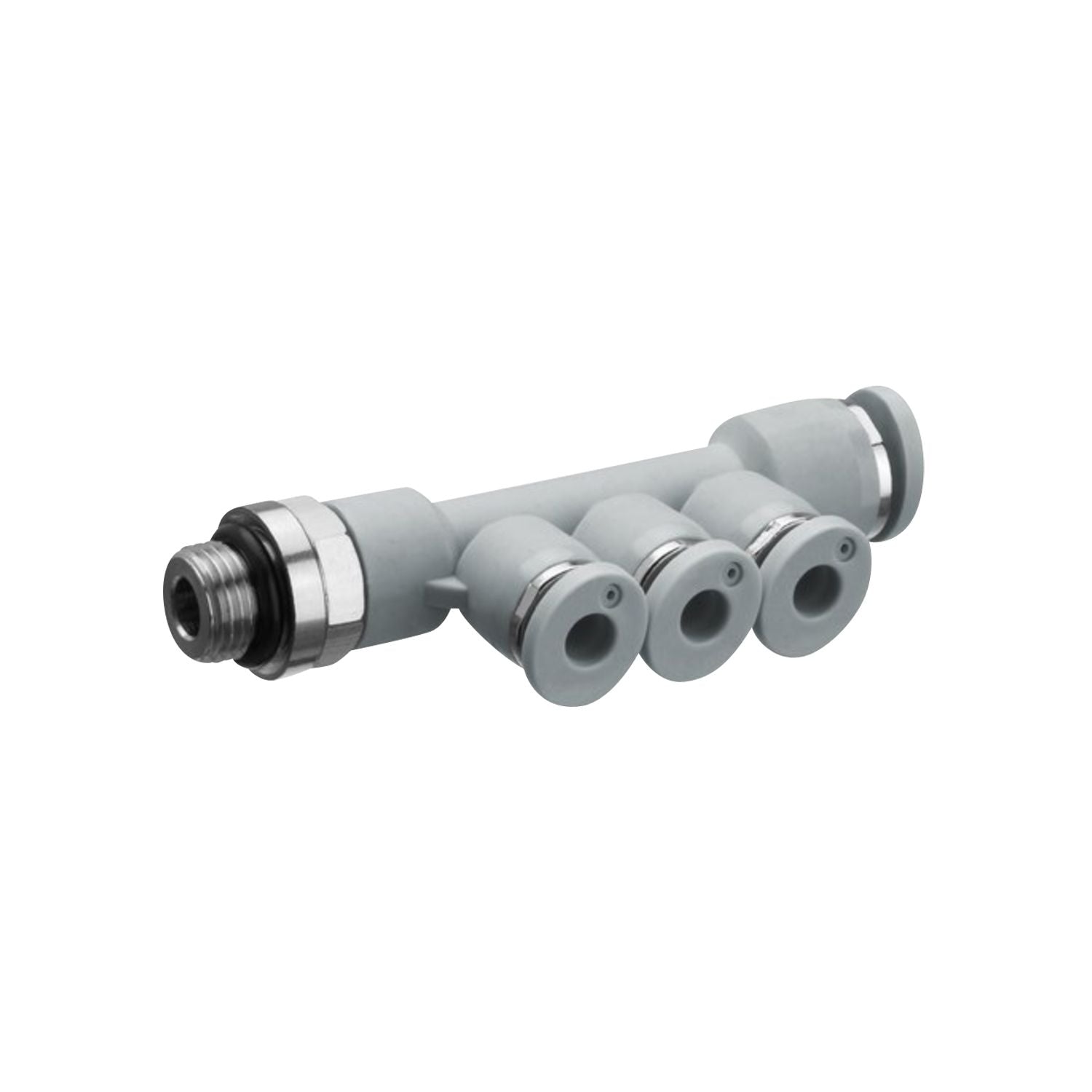 Plastic Tee fitting with male threaded fitting on bottom, female push in on top with three female push in on the side.
