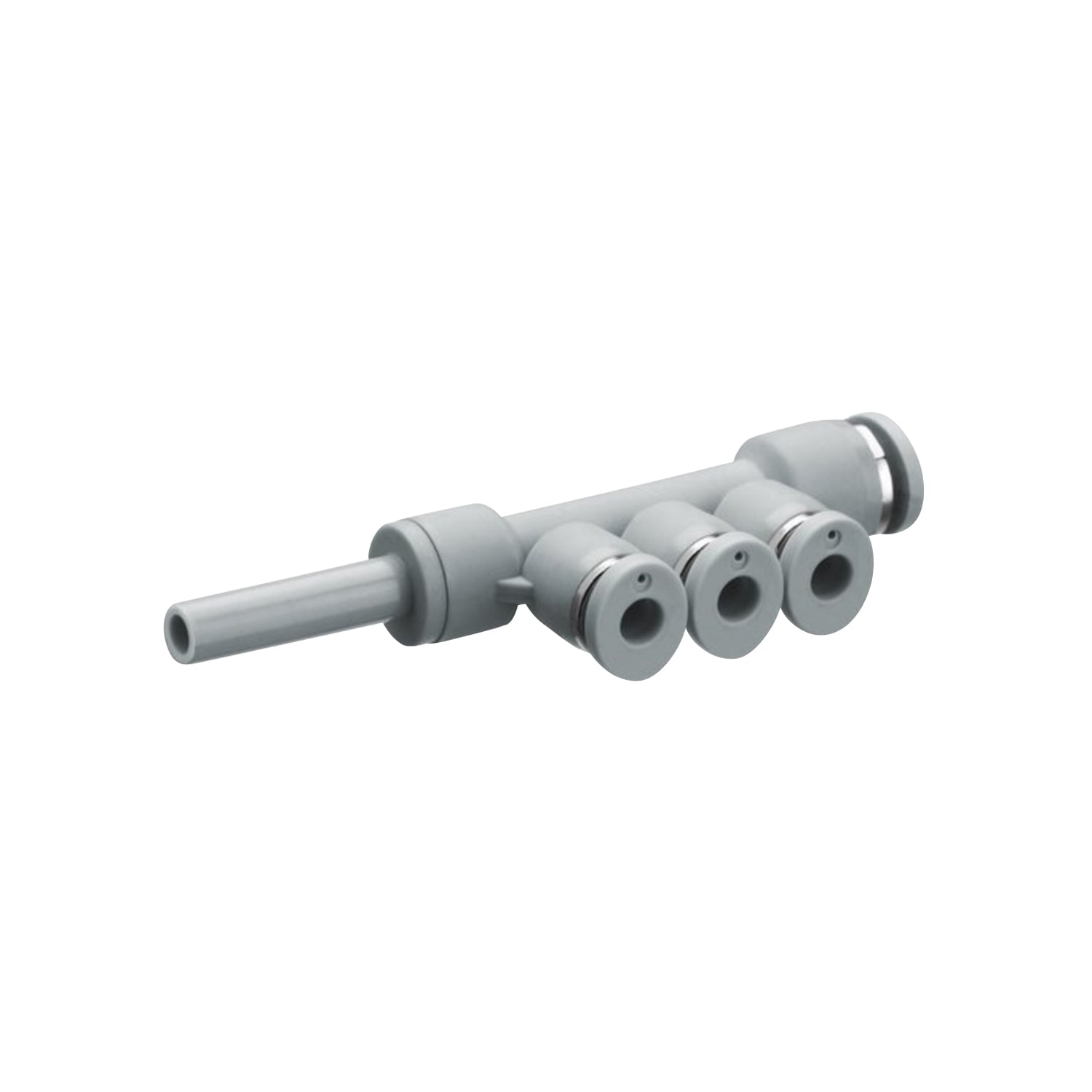 Plastic Tee fitting with male push in fitting on bottom, female push in on top with three female push in on the side.