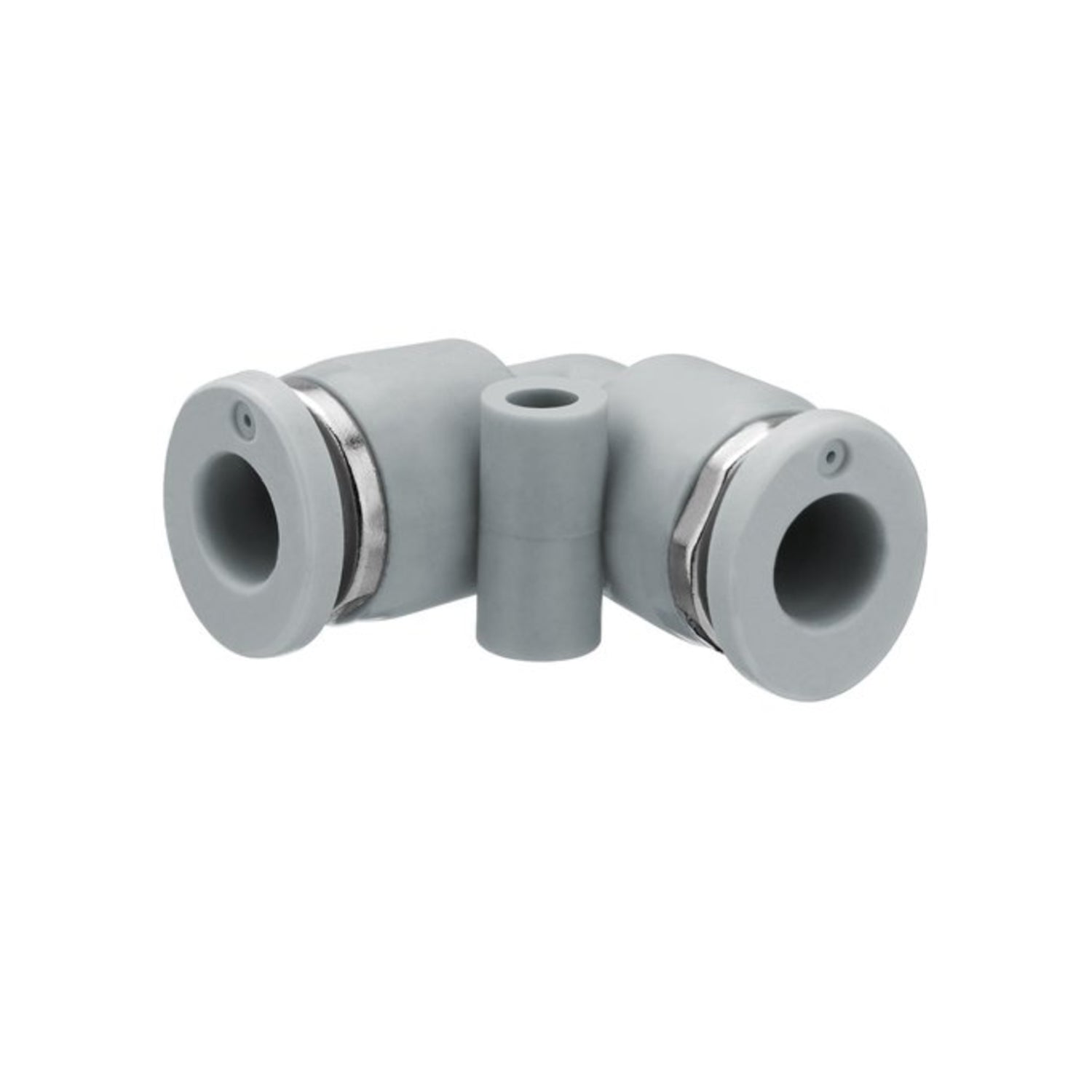 front view of a white elbow push in unit with a circular hole on each side