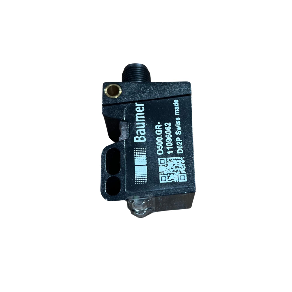 rectangular shaped sensor with black plastic housing, a round stem at the bottom, and a clear light on the top