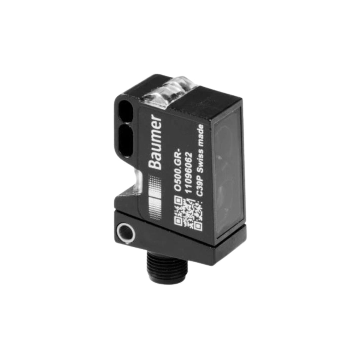 rectangular shaped sensor with black plastic housing, a round stem at the bottom, and a clear light on the top
