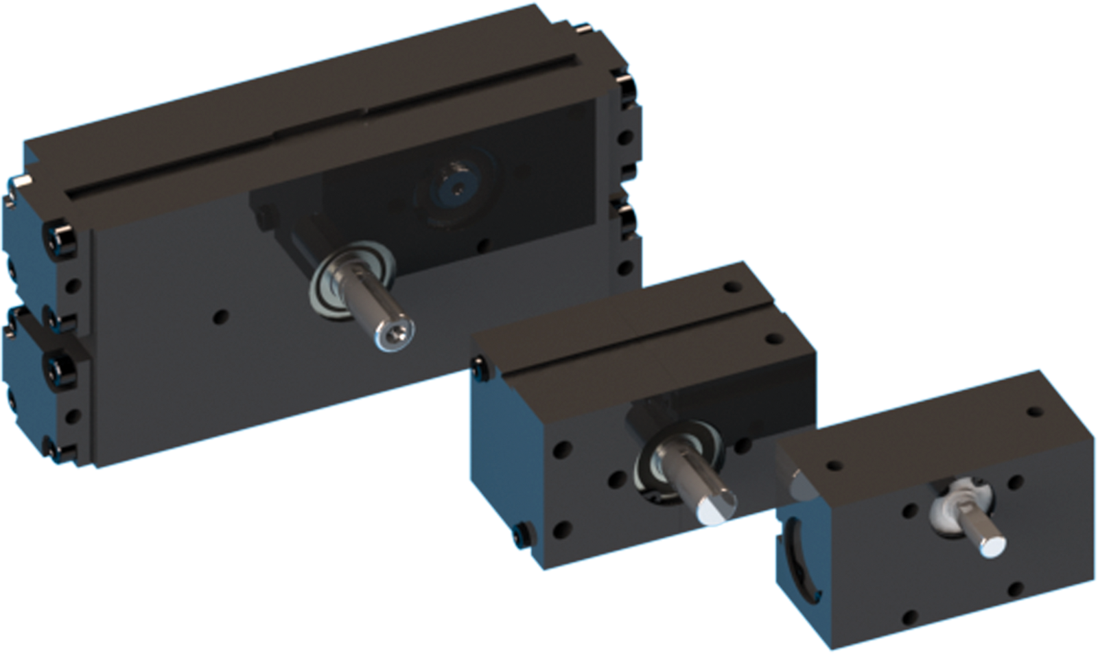 image shows three models of compact pneumatic rotary actuators