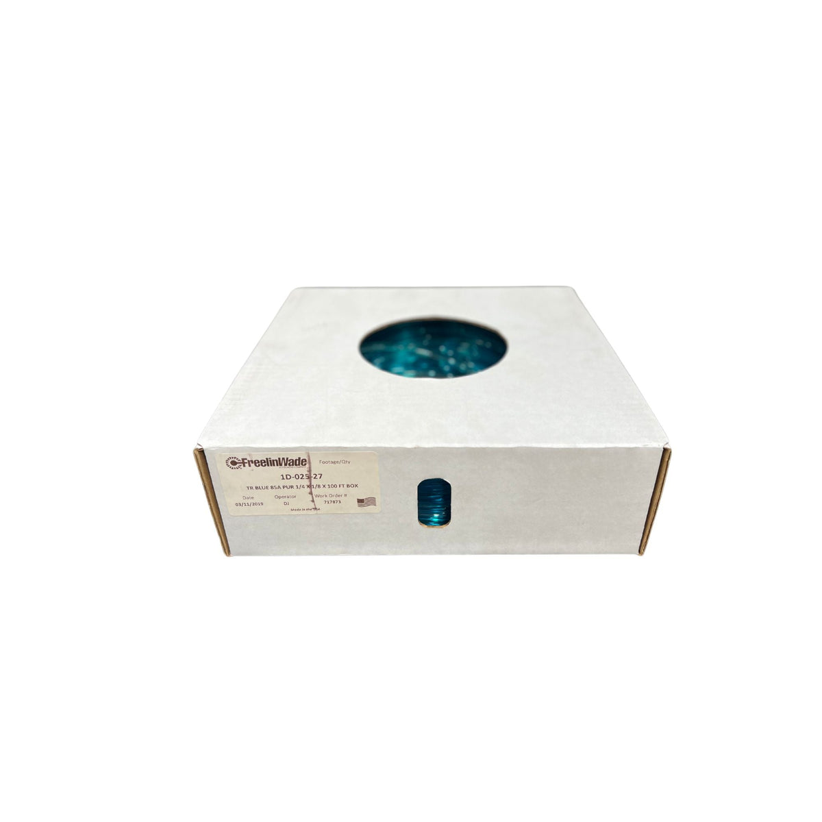 White cardboard box with circle and blue objects inside