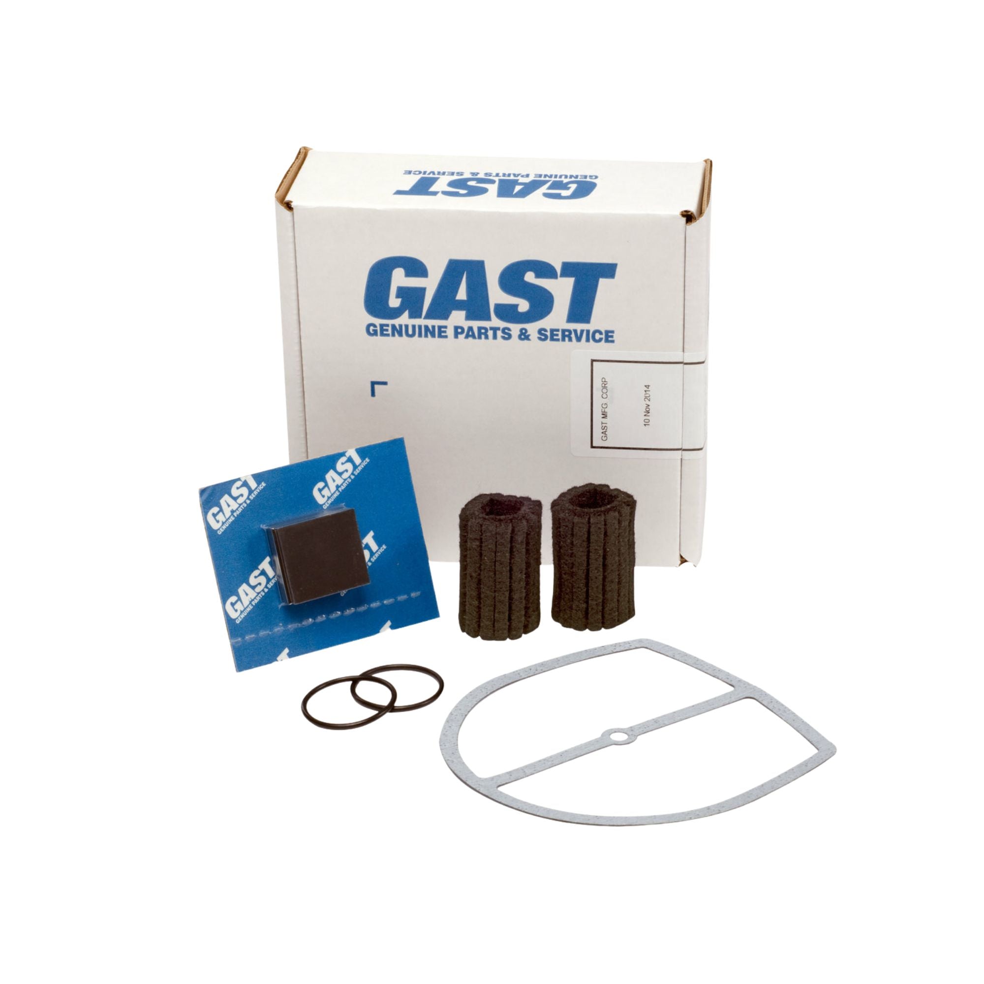 gaskets, o-ring, filters, piece of felt, and a white Gast box