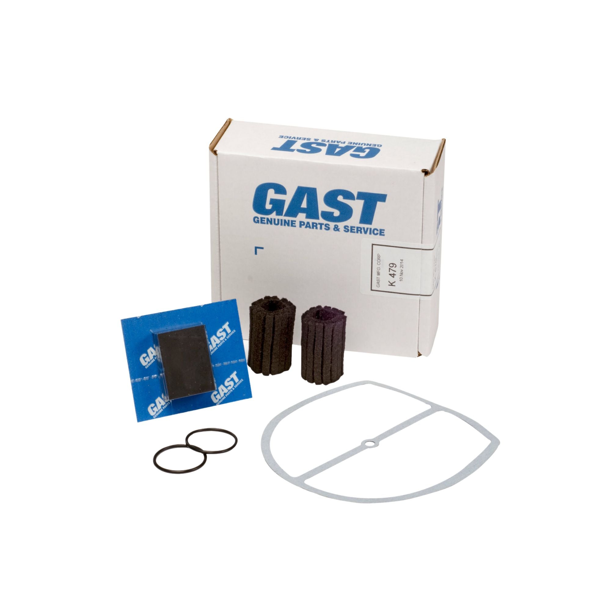 pictured is a repair kit with a gasket, o-rings, felt, filters and a white Gast box