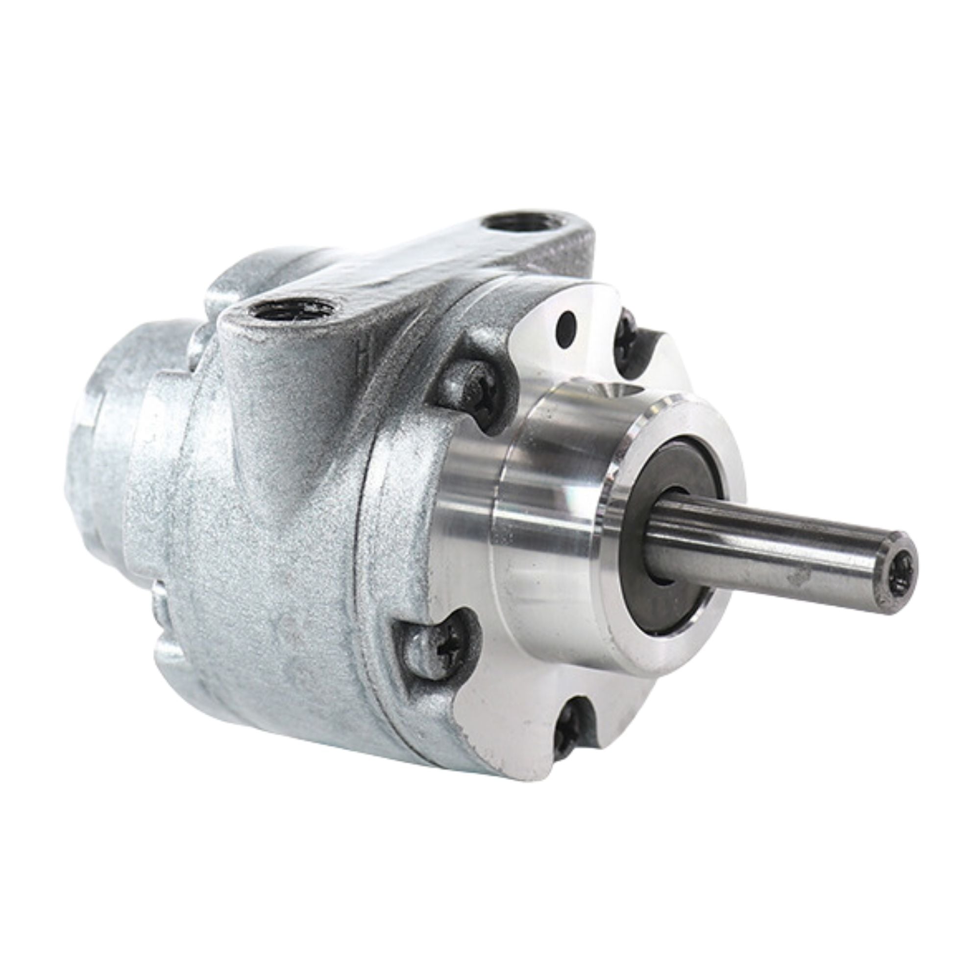 Small cylinder housing that has a shaft coming out of one side and two ports on top of the housing