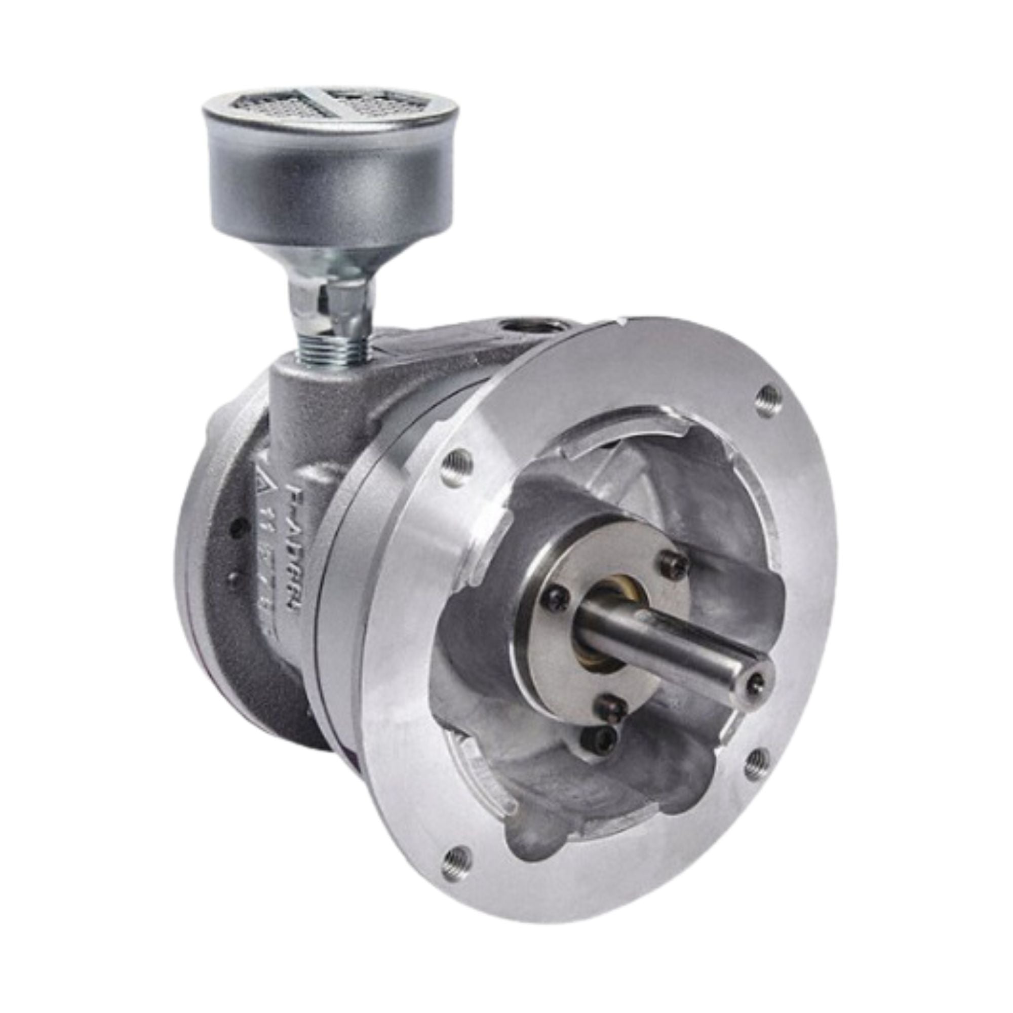 Small cylinder housing that has a shaft coming out of one side and two ports on top of the housing, one port has a muffler threaded in