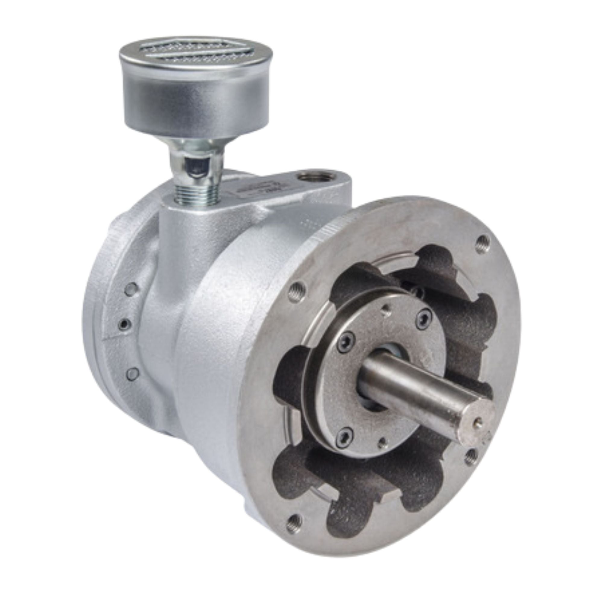 Small cylinder housing that has a shaft coming out of one side and two ports on top of the housing, one port has a muffler threaded in