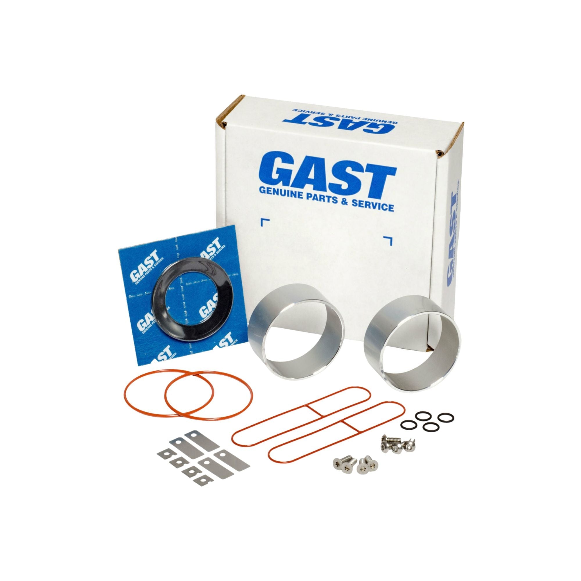 contects of a repair kit including gaskets, cylinders, o-rings, screws, and a white Gast box