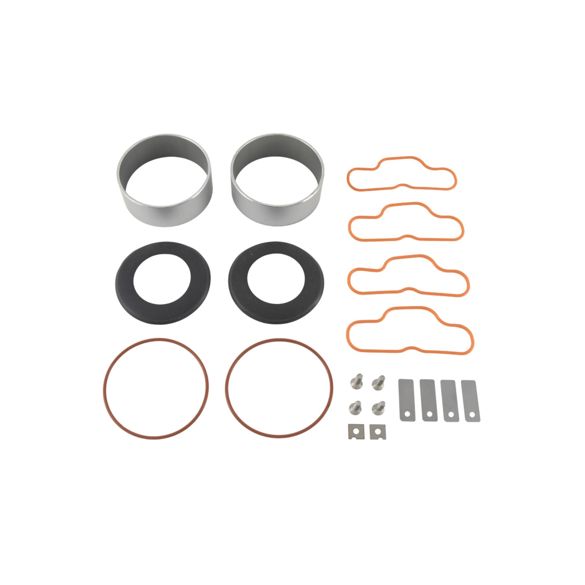 vertical rows of repair kit pieces including Valves, O-rings, Cylinders, Cups, Screws