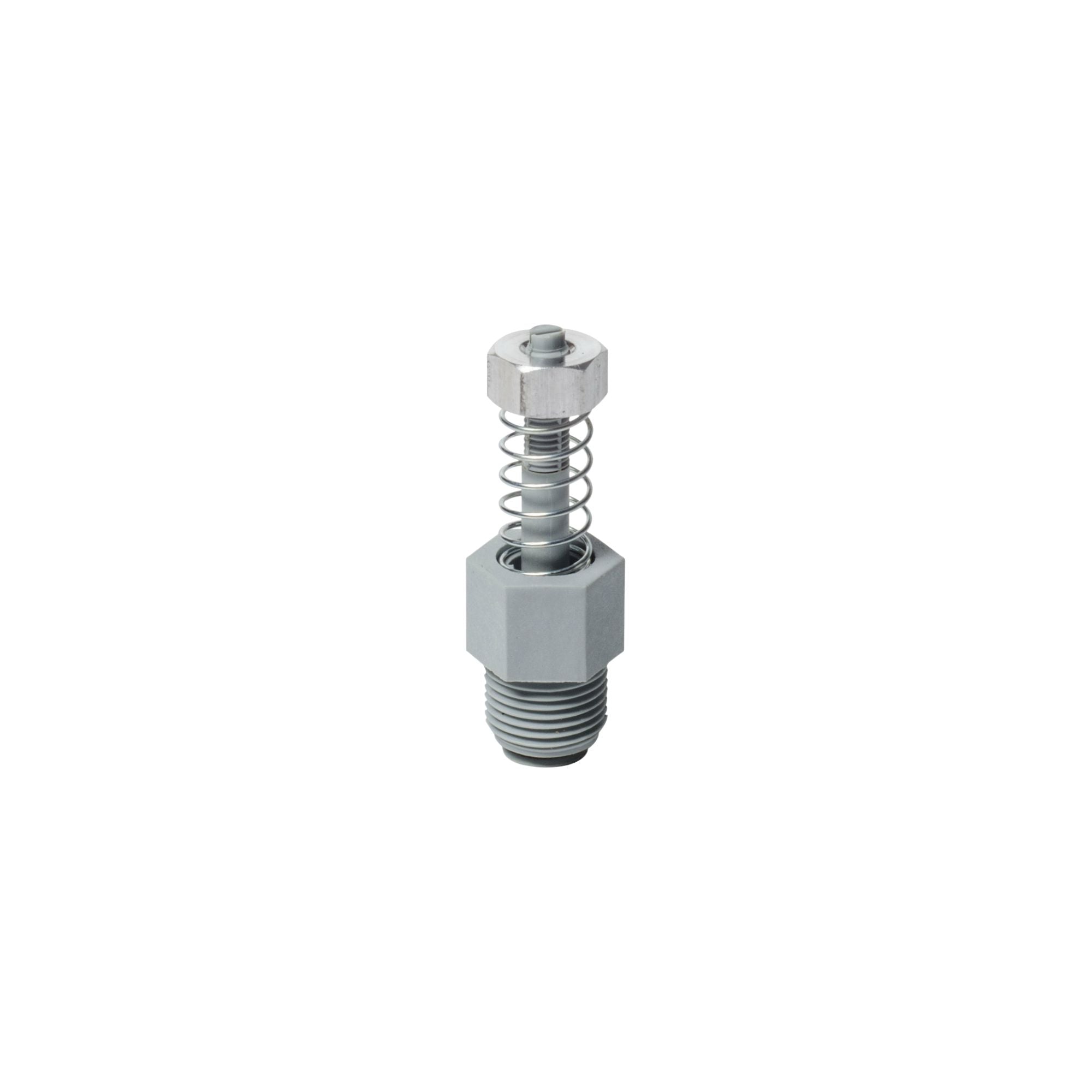 upright valve with threading at the bottom and a spring and nut at the top
