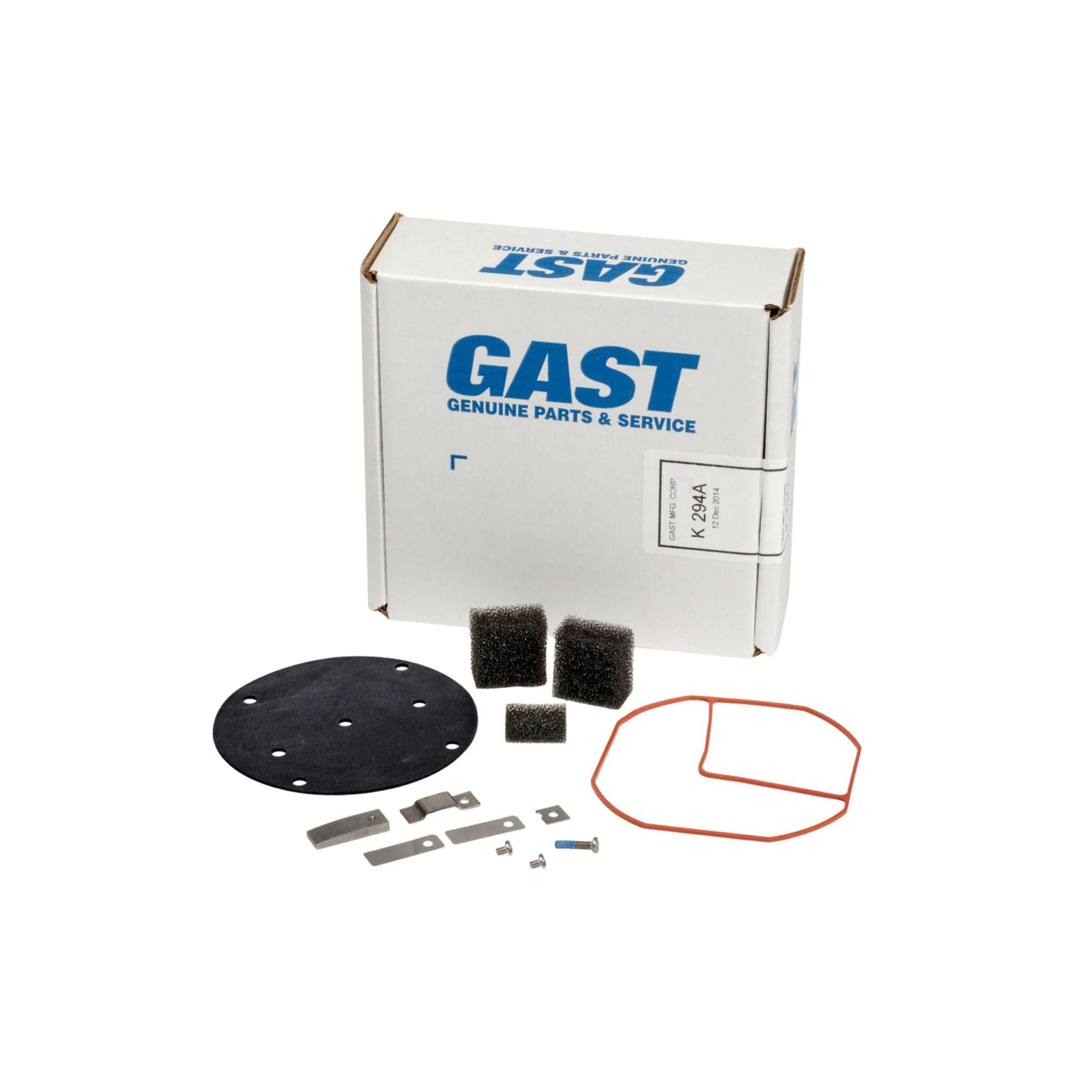 a Gast repair kit with gaskets, filters, screws, and a square white Gast box