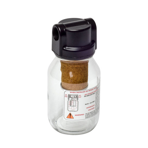 round glass jar with a label on the right, a filter on the inside, and a black lid with a small port on the left