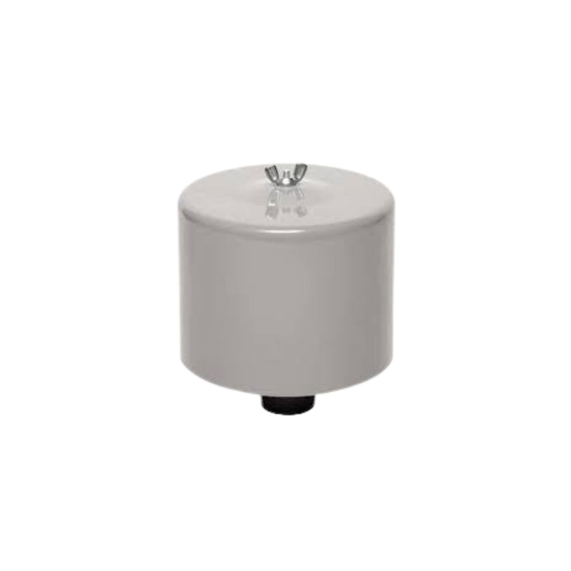 cylinder shaped metal cannister with a black tab at the bottom and a wingnut at the top