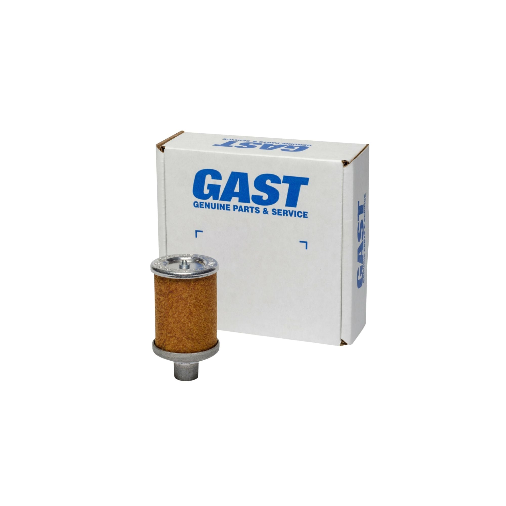 cylinder shaped brown filter with a metal piece at the top and bottom, in front of a square white Gast box