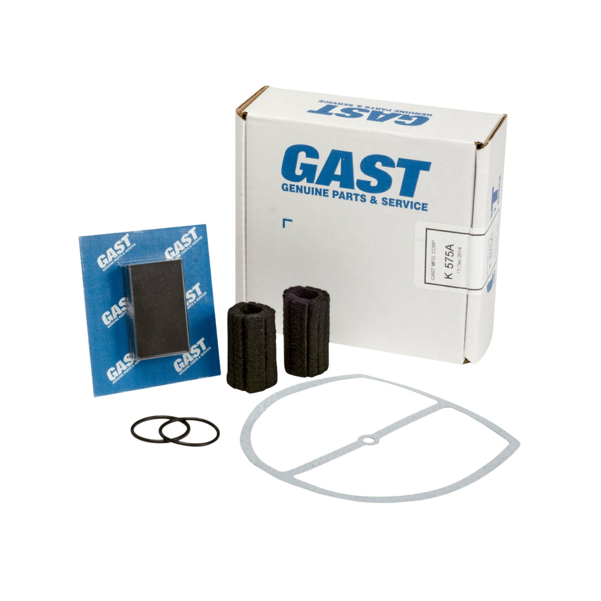 contents of a repair kit including vanes, gaskets, o-rings, filters, and a white Gast box