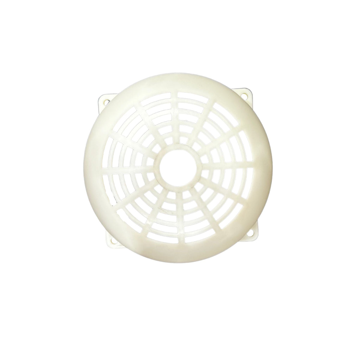 White circular fan guard with 4 holes in each corner for mounting