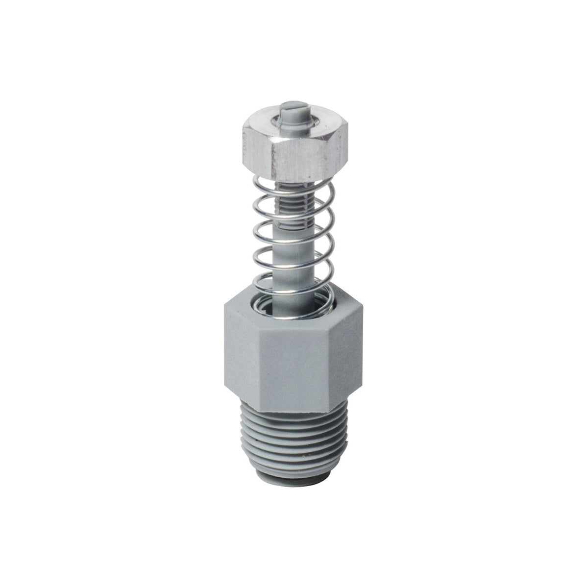 upright valve with threading on the bottom, a spring in the center, and a nut on the top