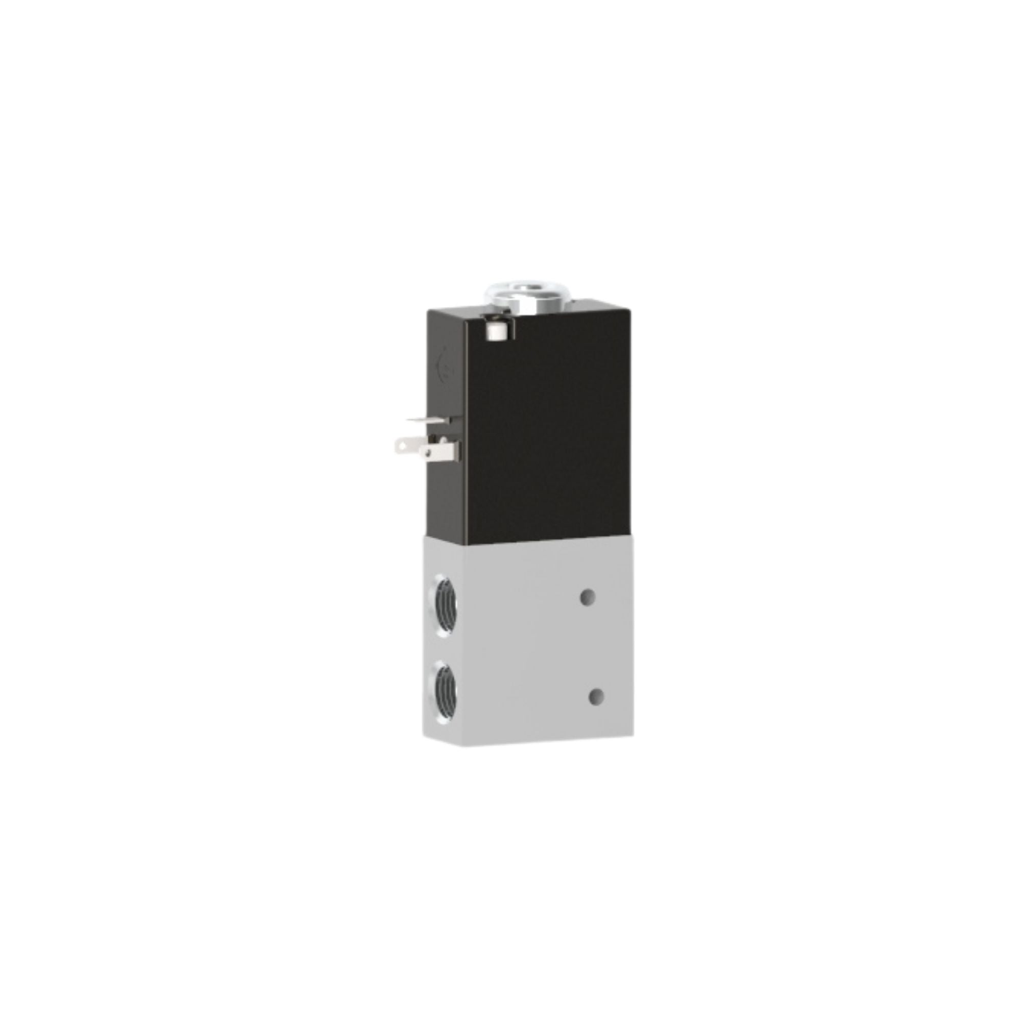 upright, rectangular valve, with an aluminum base with two ports on the left, and a black top with an electrical plug on the left