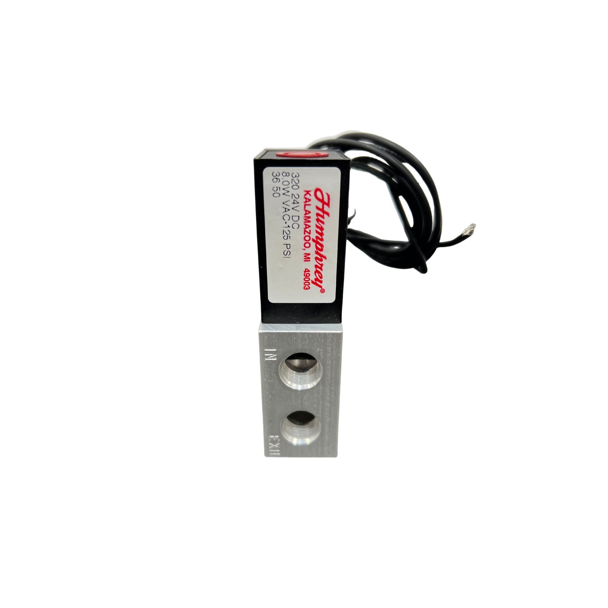 Side view of valve. Black top and metal bottom with two ports