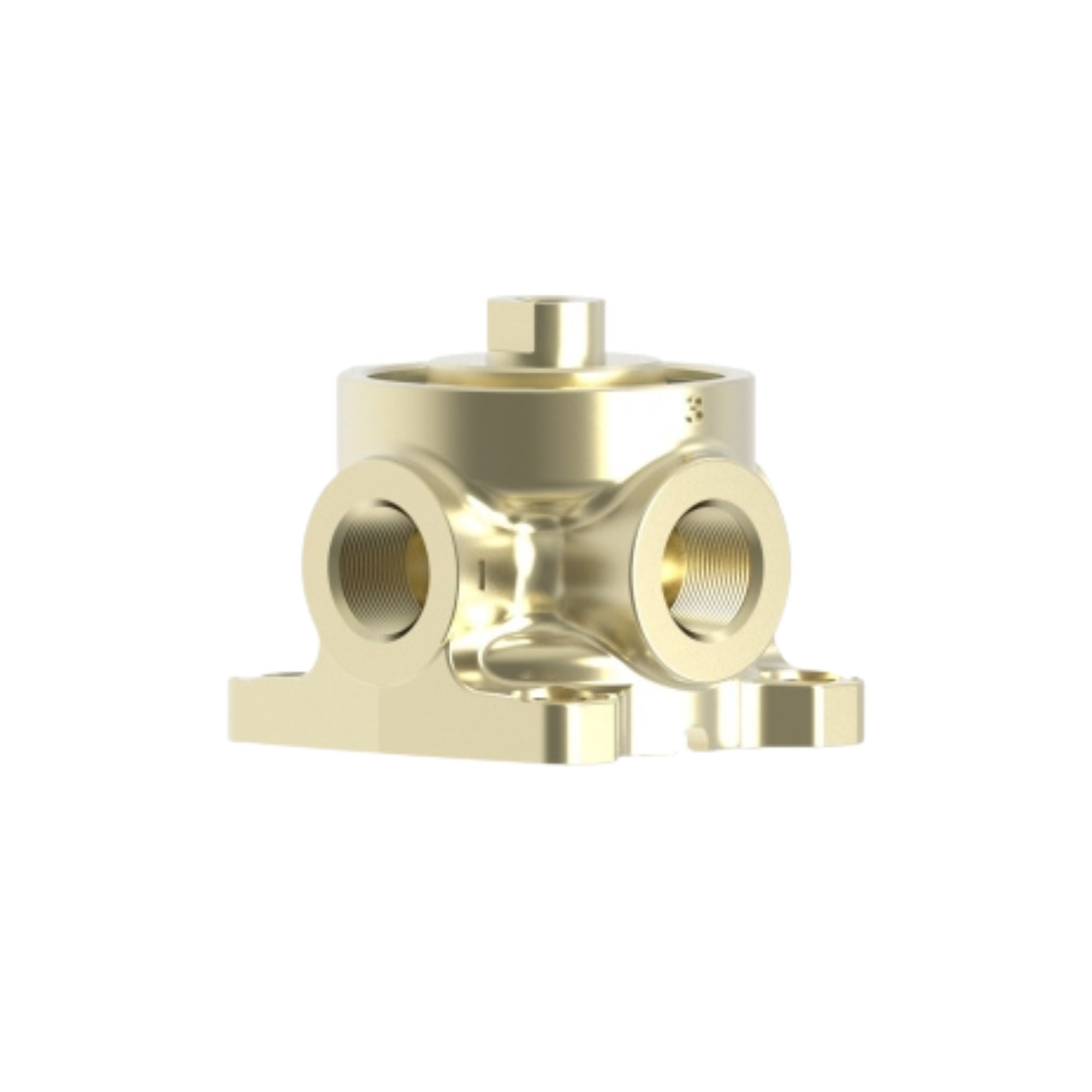 side view of a three-way brass valve with two ports in the front and a port on the top