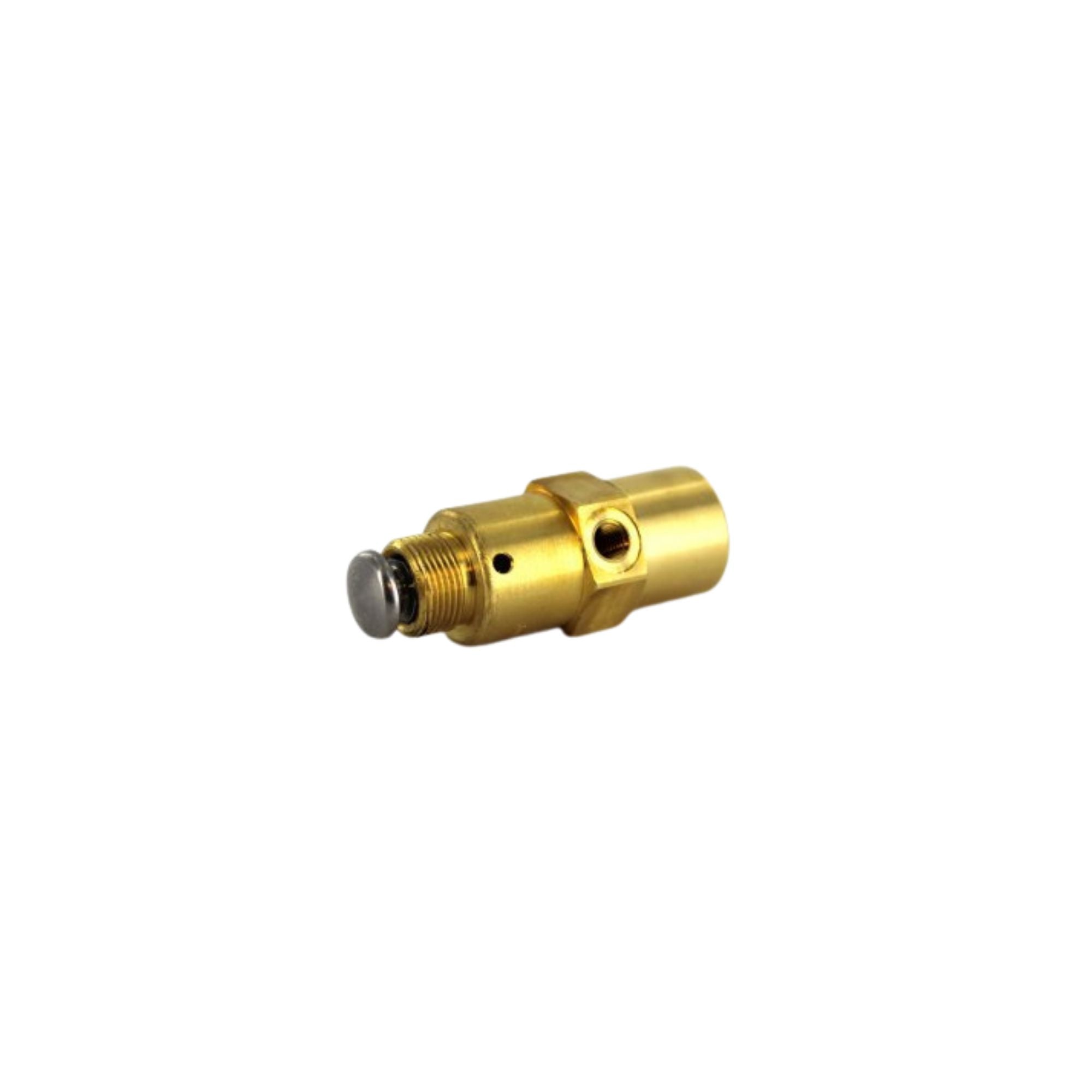 horizontal placed cylindrical shaped brass valve with a port in the center and a push button on the left