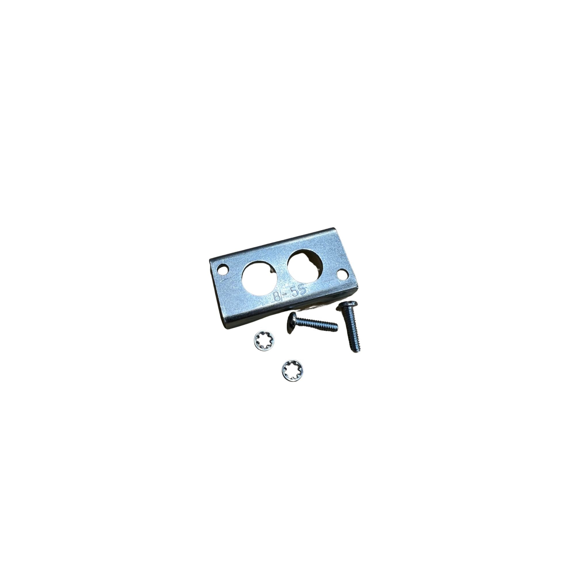 top view of a rectangular metal bracket with two circular holes in the center and a small hole on the top left and a small hole on the bottom right
