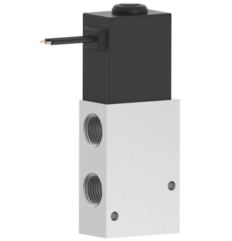 upright, rectangular, compact solenoid valve with two ports on the left side, an aluminum bottom half, a black top half, and a wire connection at the top left