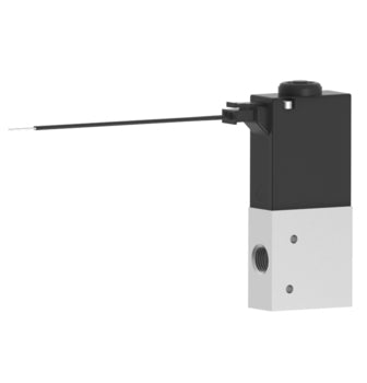 upright rectangular valve with an aluminum bottom half, a black top half, a single port on the bottom left, and an electrical lead wire on the top left