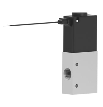 upright rectangular valve with an aluminum bottom half and a black top half, a single port on the bottom left side, and an electrical lead wire on the top left