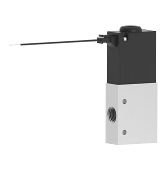side view of compact upright rectangular valve, aluminum base with one port on the left. top half is black material with an electrical lead wire entry on the left side. 