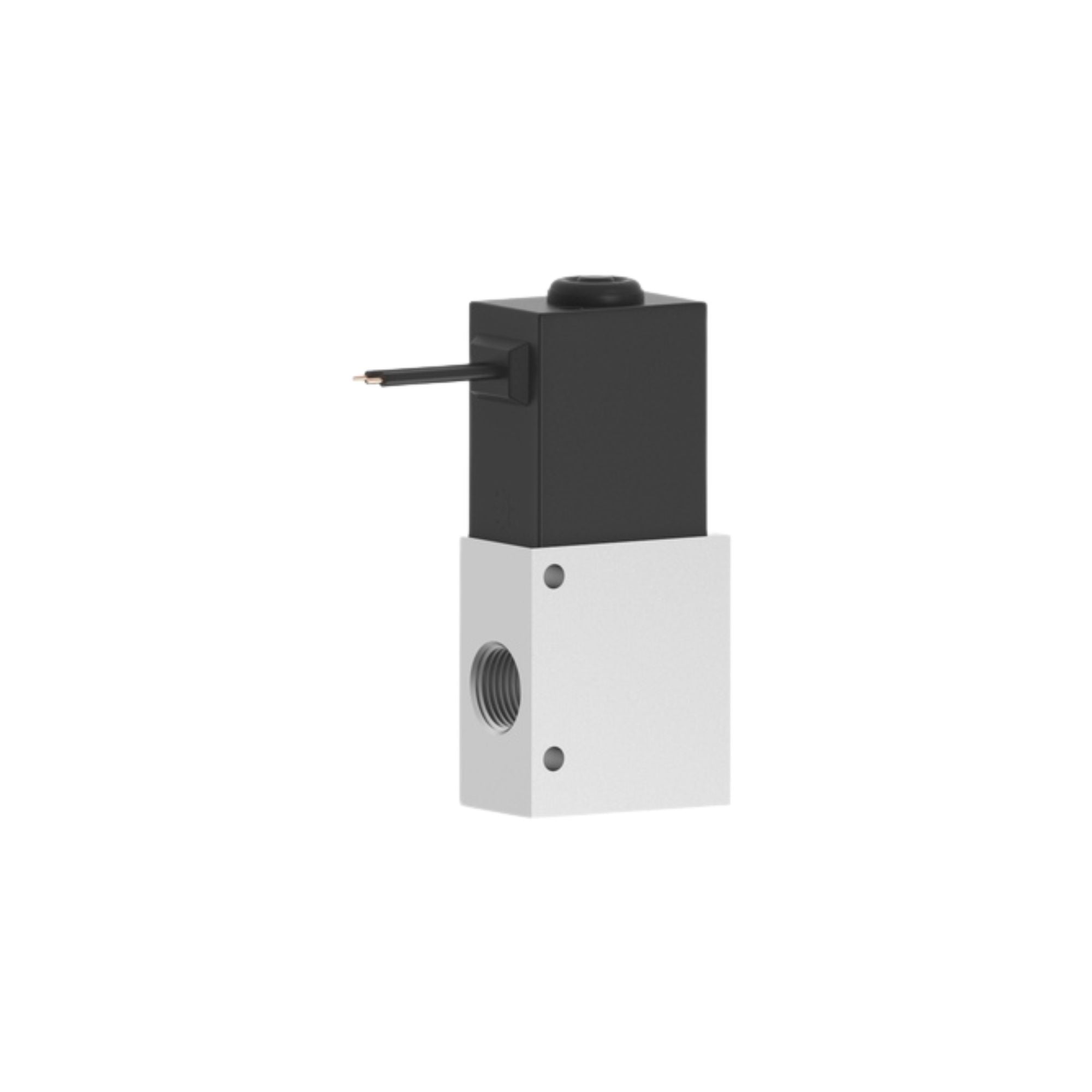 side view of an upright rectangular valve with a port on the bottom left side and electrical wires on the top left side