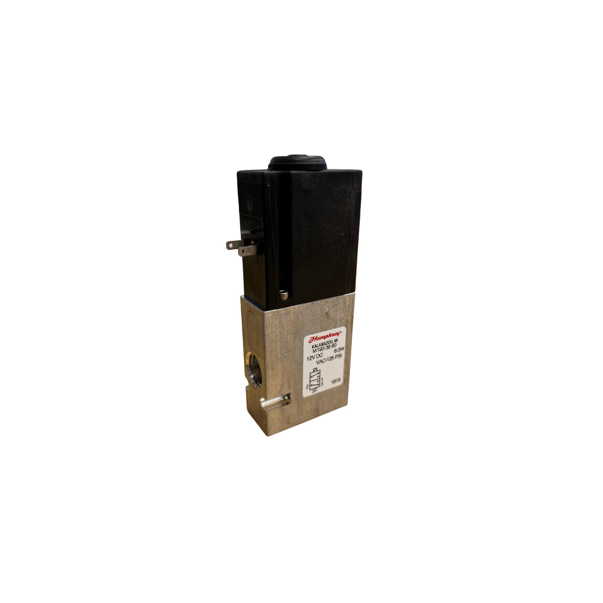 side view of an upright rectangular valve with a bottom aluminum half that has a port on the left and a black top half that has an electrical plug on the left