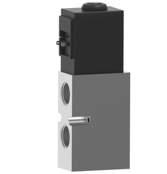 side view of compact, upright rectangular valve with aluminum base and port. Top section is black material with electrical connection and a port on top