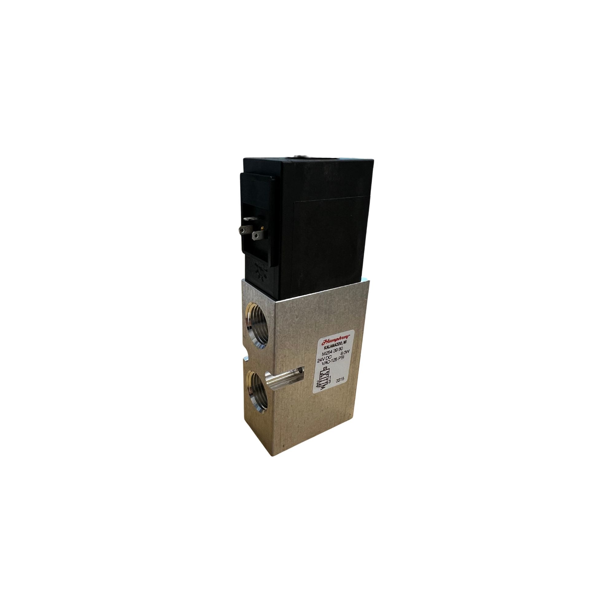 side view of an upright rectangular valve with an aluminum bottom half that has two ports on the left and a black top half that has an electrical plug on the top left