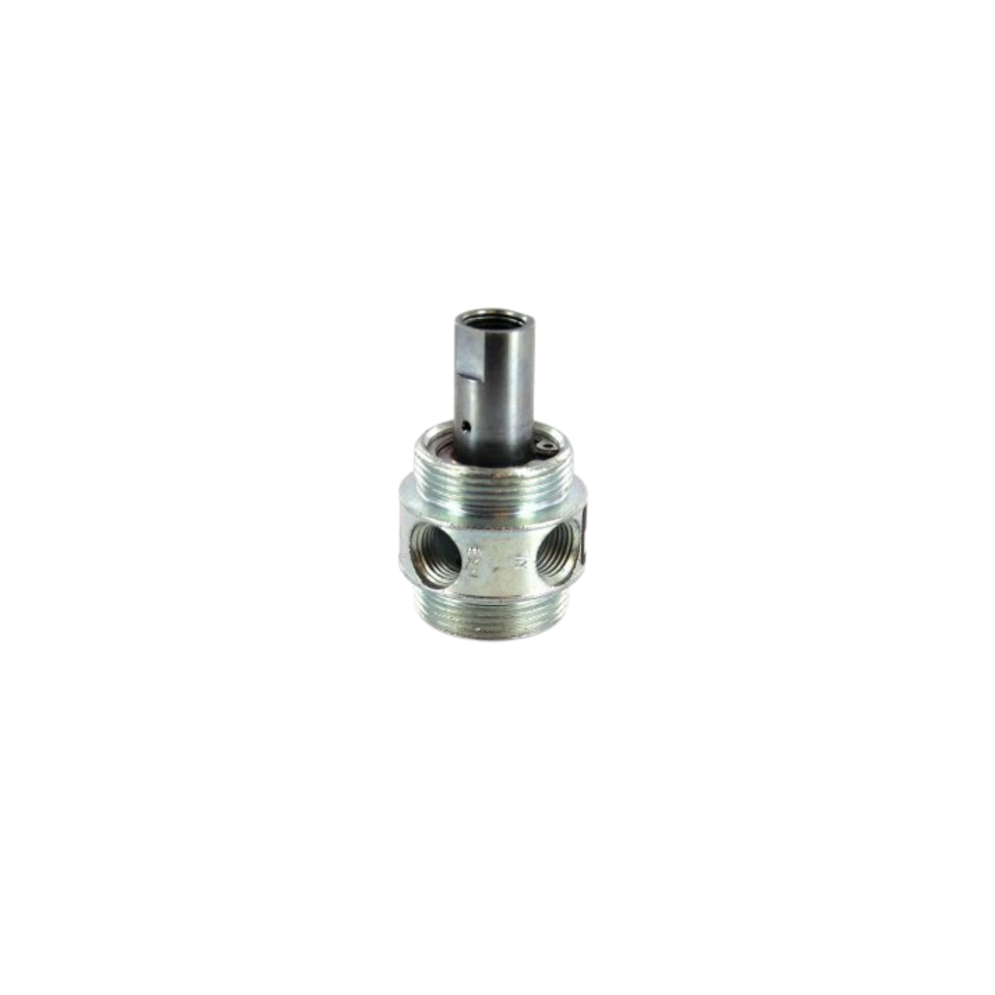 cylindrical valve with two ports in the center and another port at the top