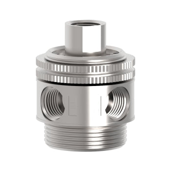 side view of a cylindrical shaped valve with two ports in the front center