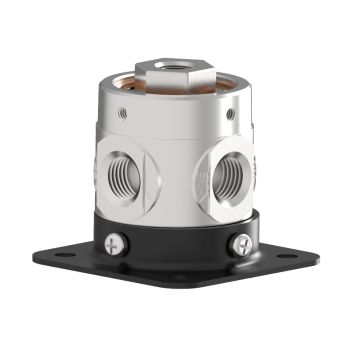 side view of a cylindrical shaped valve with two ports in the center, and a black square plate on the bottom