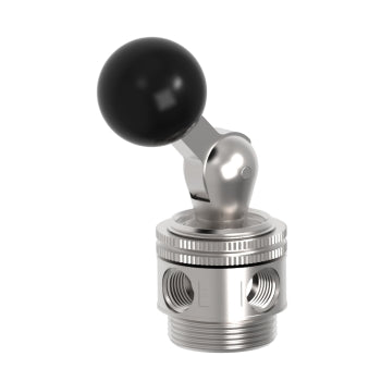 cylidrical steel valve with two ports and a black knob lever on the top left side