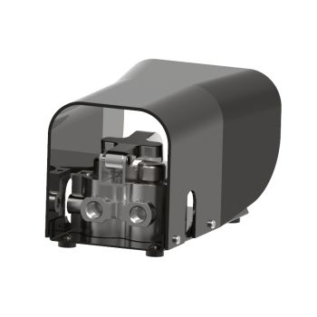side view of valve with two ports and an open steel guard cover over the valve. 