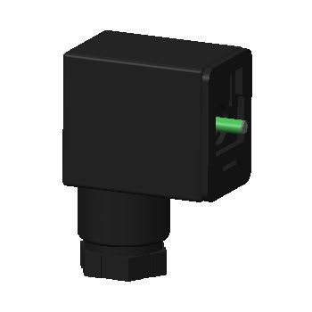 side view of a black DIN receptacle cyclindrical bottom and rectangular top, with a port on the right side