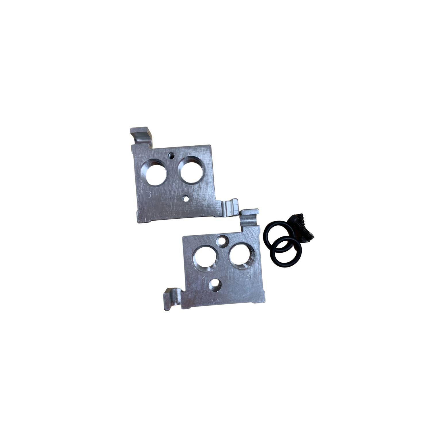 2 seperate plastic enplates with threaded ports, 2 on top plate, 2 on bottom plate