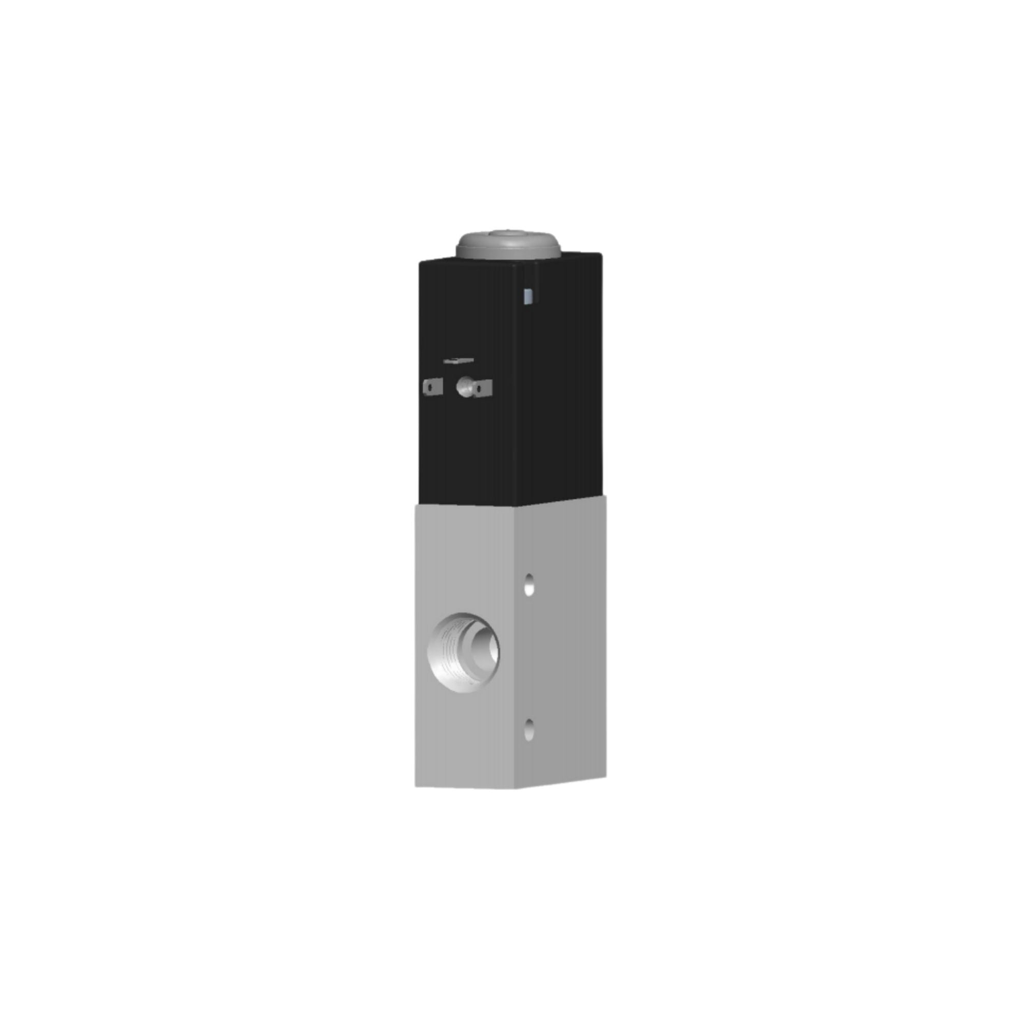 compact upright rectangular solenoid valve with an alumimum bottom with one port, and a black material on the top with an electrical plug