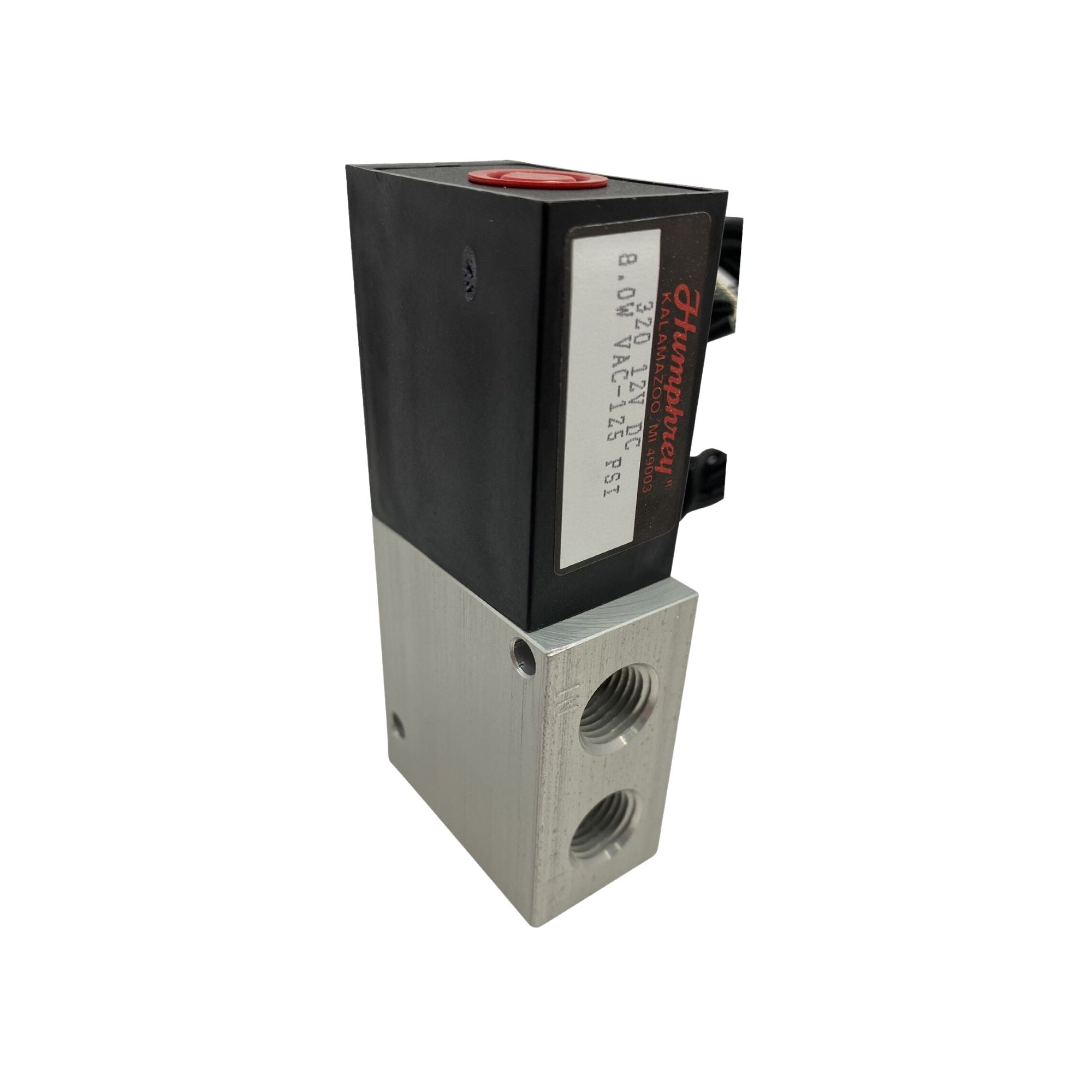Rectangle with Black plastic top one threaded port on the same face on the aluminum bottom housing.